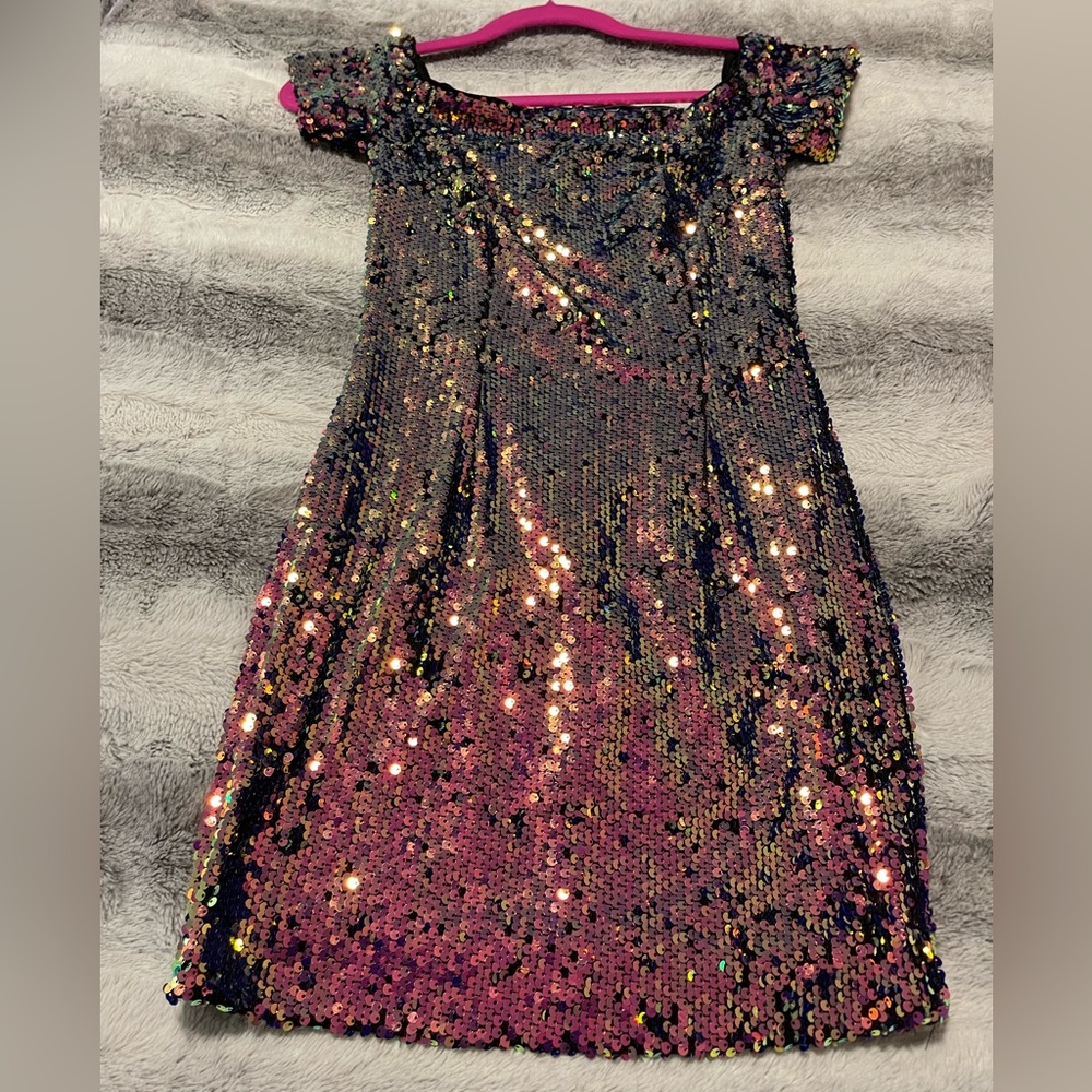 Disco color sequin off the shoulder cocktail dress